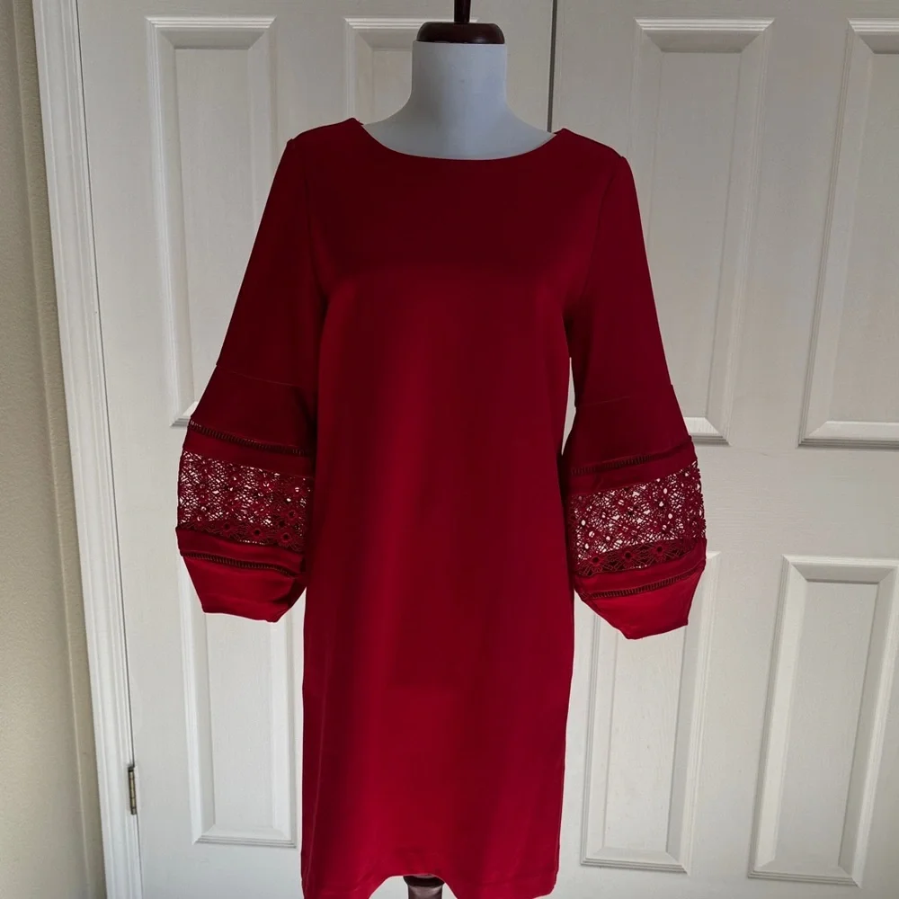 Chico's Vibrant Red Dress with Lace Sleeves, M - Picture 2 of 14